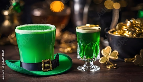 Glass with a green drink in the shape of a leprechaun hat on a table with gold coins laid out, background for St. Patricks Day