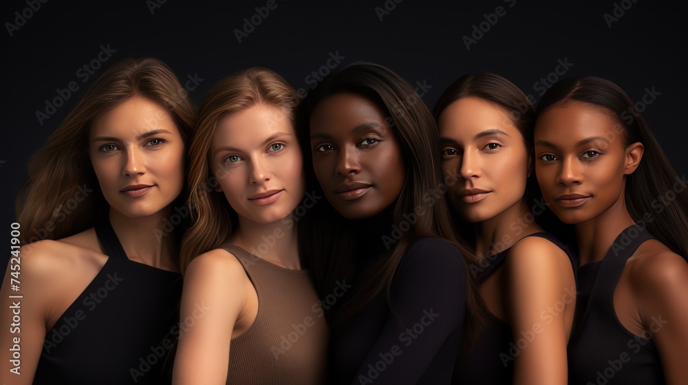 A group of people with beauty and many nationalities,beautiful ladies in black tops and with different skin and hair colour. A group of people with beauty and many nationalities,beautiful ladies in black tops and with different skin and hair colour.