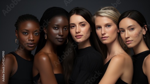 A group of people with beauty and many nationalities,beautiful ladies in black tops and with different skin and hair colour.