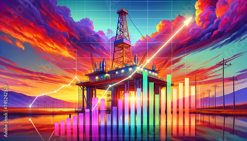 Sunset Oil Rig with Rising Profit Graph