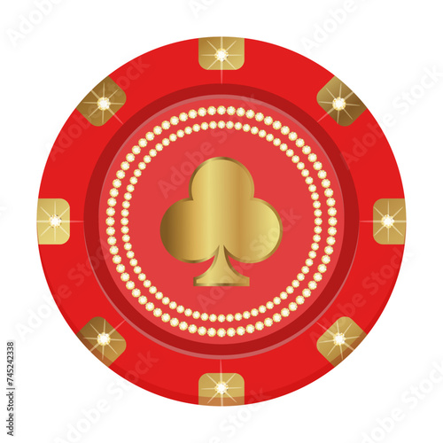  Round vector winning red and gold casino chip with glitter, expensively decorated with diamonds. Flat vector illustration.