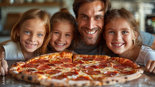 A man and three little girls smile while holding a Californiastyle pizza