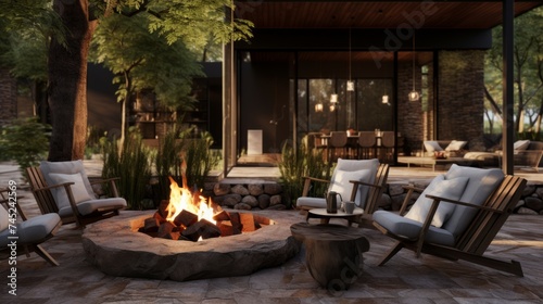 Generative AI Inviting outdoor patio with comfortable seating and a fire pit.