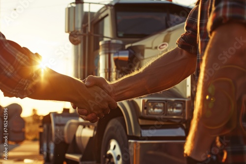 Friendly Handshake Between Two Truck Drivers with Open Semi-Truck Cab Door in the Background