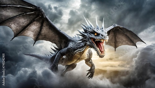 Fantasy dragon flying in stormy sky.