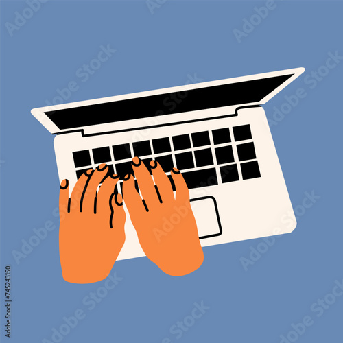 Human hands typing on laptop keyboard, top view. Computing, working online, freelancing, education concept. Hand drawn Vector illustration. Isolated design element. Logo, icon template
