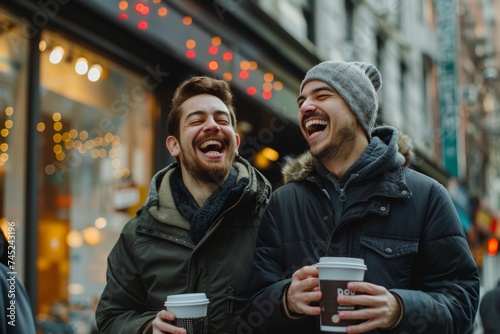 Two Male Friends Enjoying Coffee and Laughter Outdoors in an Urban Setting