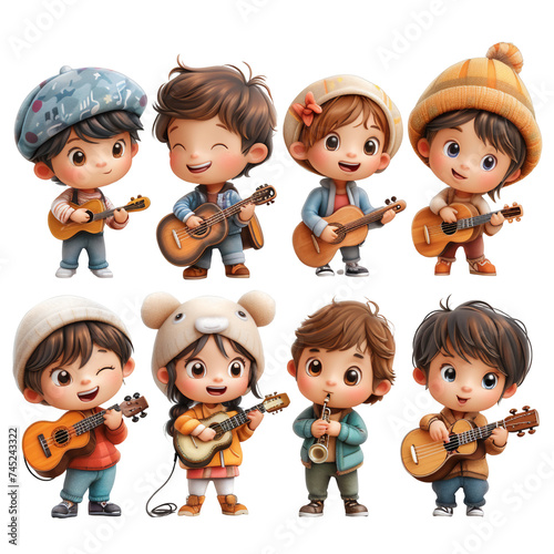 3d character, playing a music Instruments, set of cartoon kids playing the music 