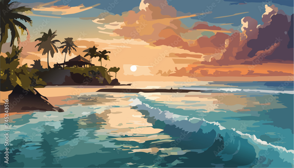 Tropical landscape with ocean and palm trees.  Ai generated