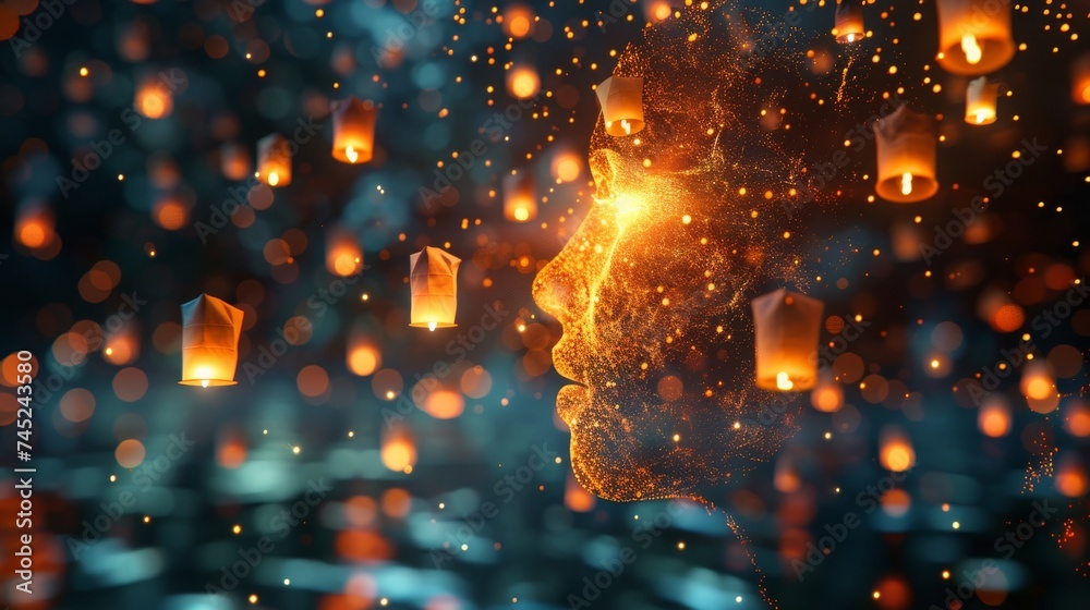 A head filled with floating lanterns, each representing an idea or dream, casting a warm glow of hope and creativity - obrazy, fototapety, plakaty 