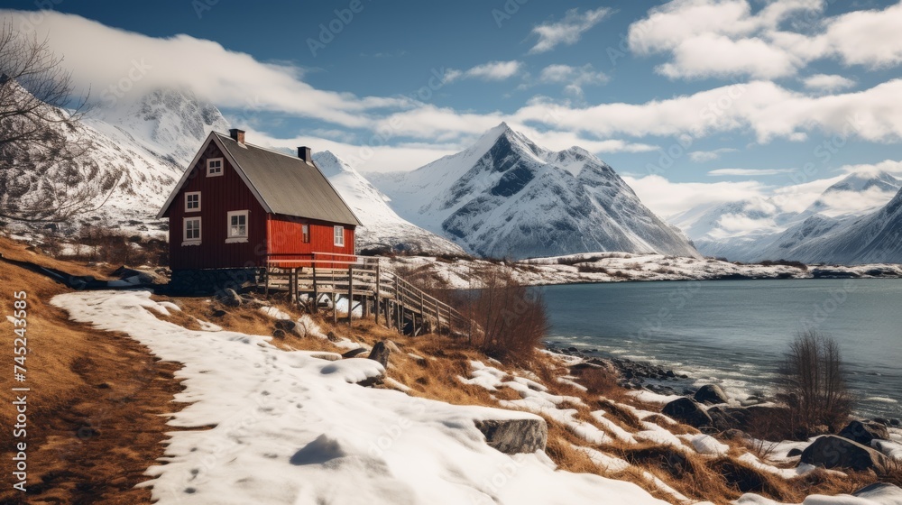 Red wooden cabin with fence in daylight near snowy mountain