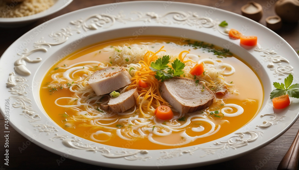 A stunning image showcasing a bowl of soup as a wonderful masterpiece of culinary artistry and the high resolution photograph captures every detail of the dish's exquisite presentation
A stunning image showcasing a bowl of soup as a wonderful masterpiece of culinary artistry and the high resolution photograph captures every detail of the dish's exquisite presentation