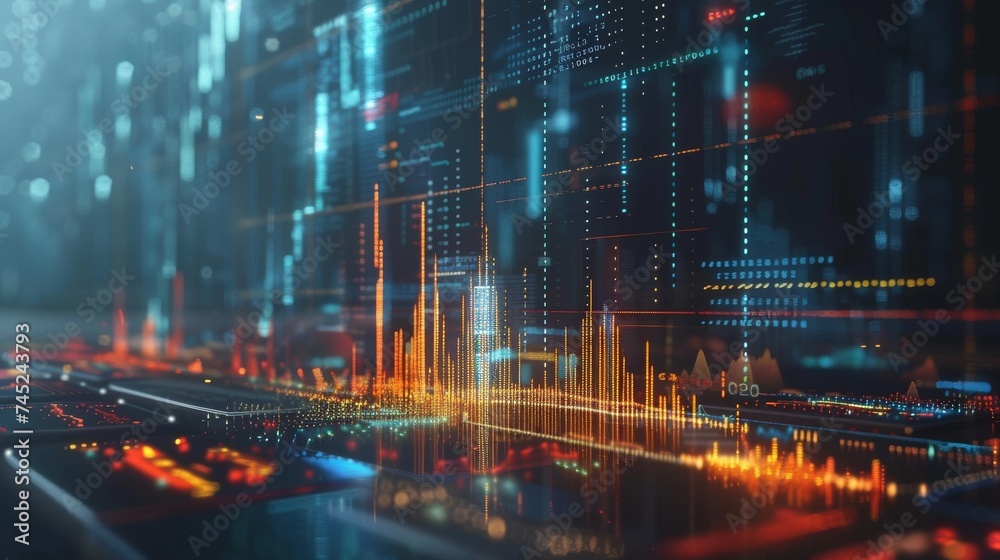 Intense focus on a glowing graph showing market trends, with futuristic digital interfaces providing real-time stock updates