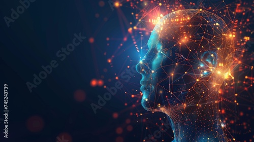 Digital portrait of a thinker  head surrounded by digital light patterns  symbolizing the connection between technology and human thought