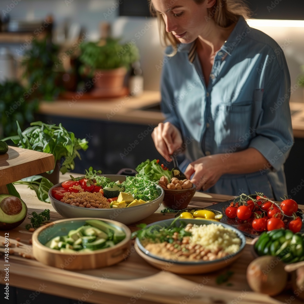 Woman Preparing a Vegan Superbowl with Fresh Vegetables and Smoothie in a Sunlit Kitchen