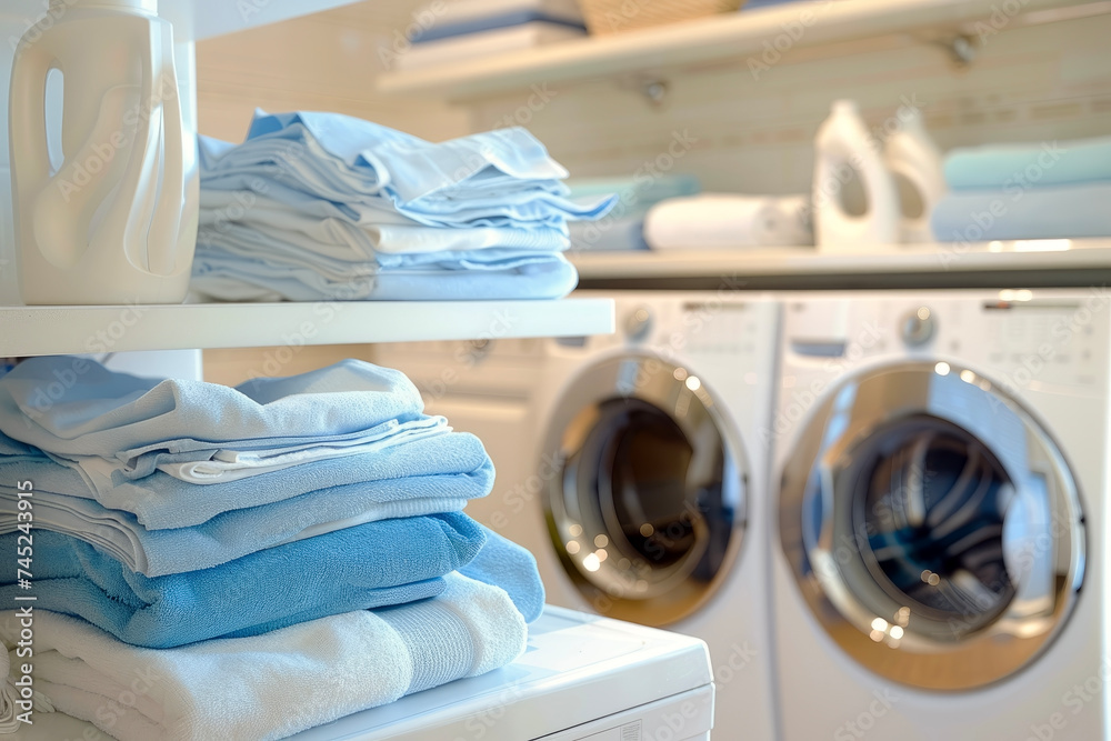 Tidy Laundry Room with Neatly Folded Clothes.Organized Space and Cleanliness. - obrazy, fototapety, plakaty 