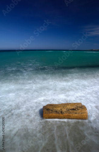 beach and sea Trunk at the mercy of the surf on Budoni beach. OT, Sardinia, Italy photo