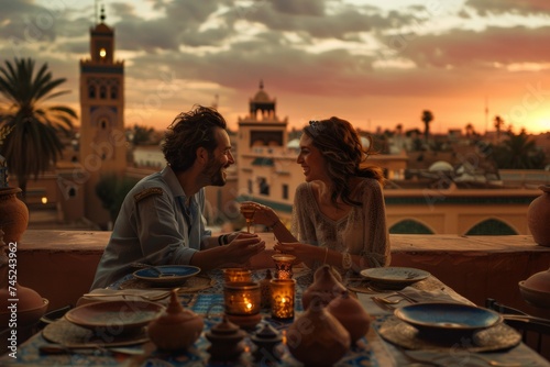 Smiling Couple Enjoying a Romantic Dinner at Rooftop Restaurant Overlooking the Medina of Marrakech photo