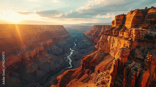 Generative AI Natural wonder, aerial drone shot, setting sun, panoramic canyon views, highly detailed Grand Canyon sunset