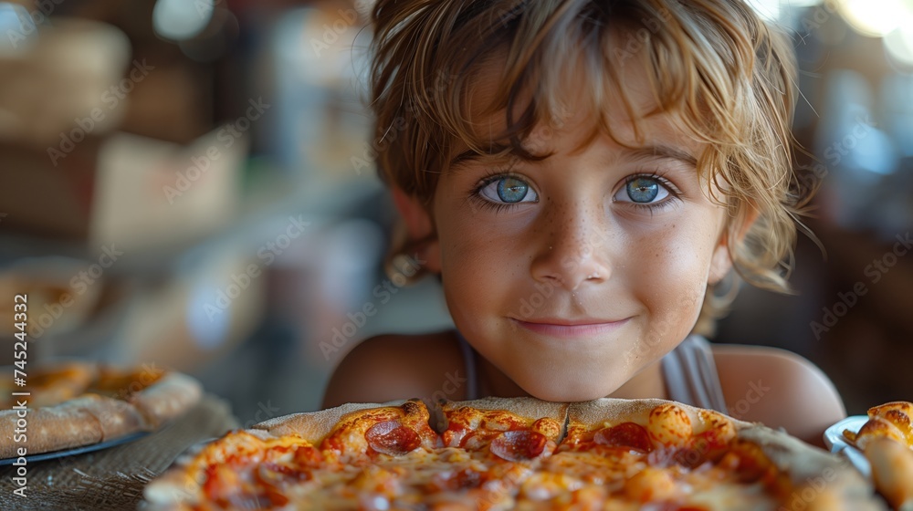 a young boy is holding a pizza in front of his face
