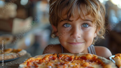 a young boy is holding a pizza in front of his face