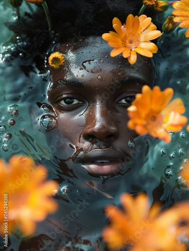 man in water with flowers near him, in the style of dark cyan and dark amber, african influence, photorealistic pastiche, dreamlike installations, marguerite blasingame, close-up, shaped canvas. photo