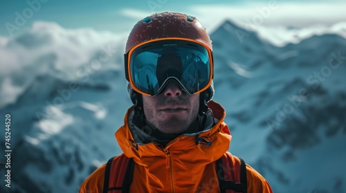 Close up of the ski goggles of a man with the reflection of snowed mountains. A mountain range reflected in the ski mask. photo