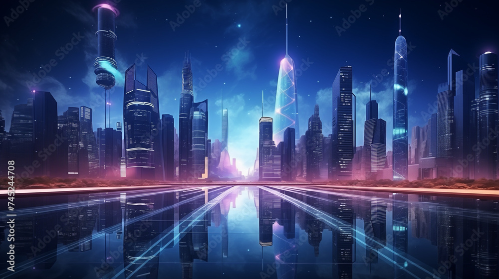 Futuristic cityscape, high-tech skyscrapers with neon accents