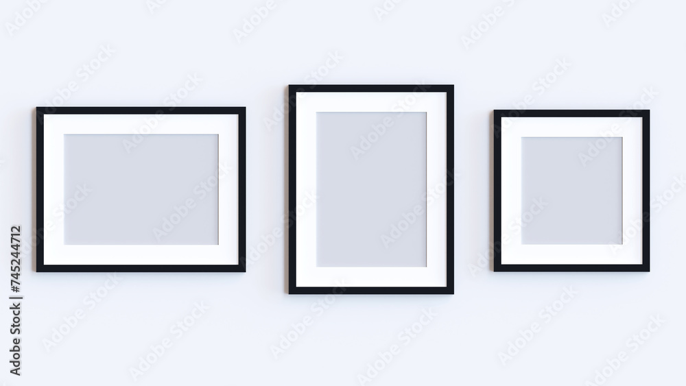 Black wooden photo frames mockup. Set collection on white wall, interior decoration. Realistic frame set on the wall. Black wooden photo frames mockup. Set collection on white wall, interior decoration. Realistic frame set on the wall.