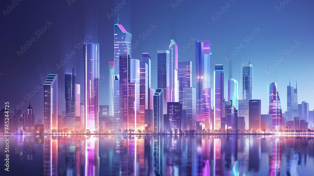 Futuristic cityscape, high-tech skyscrapers with neon accents