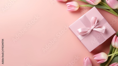 background for festival celebration stylish pink giftbox with ribbon bow and bouquet of tulips 