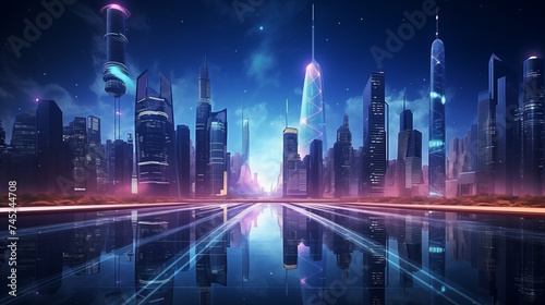 Futuristic cityscape, high-tech skyscrapers with neon accents © Andrei Serbinenko