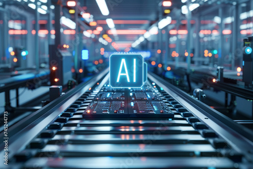 In the heart of a state-of-the-art facility, microchips with the inscription "AI" travel along the conveyor belt, embodying the intelligence of tomorrow.