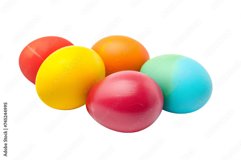 Five colourful eggs are lying on a transparent background. Easter eggs, easter egg hunt, easter egg hunter. Hidden easter eggs. Created with Generative AI.