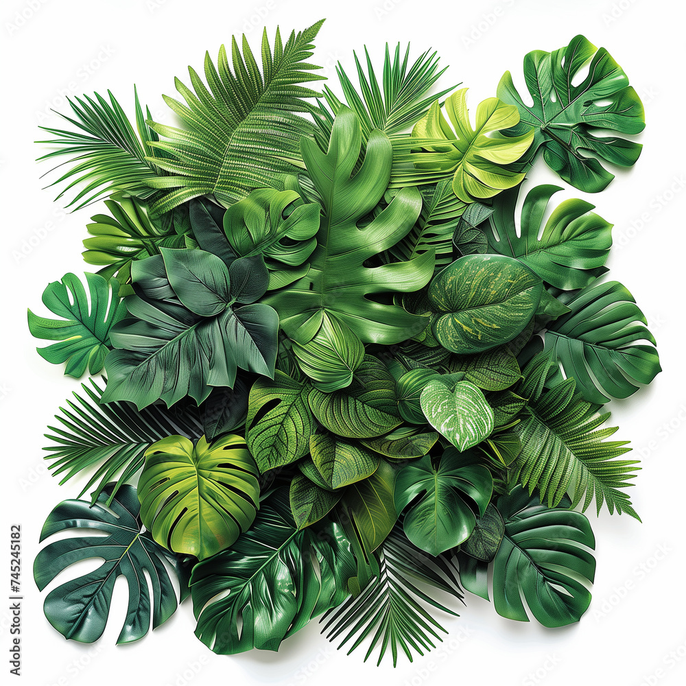 Obraz premium tropical leaves and jungle foliage, featuring a variety of shapes and shades of green, meticulously arranged and isolated on a pure white background.