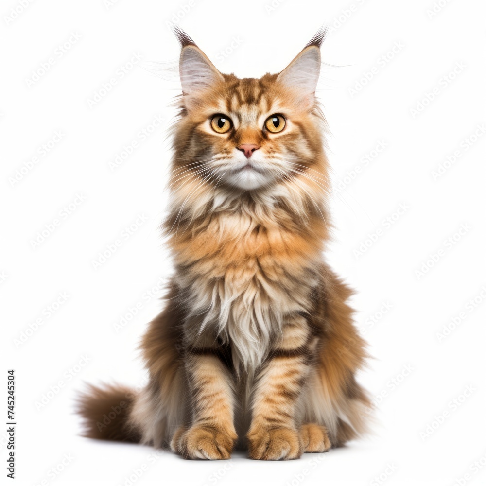 Realistic photo of a Maine Coon cat on a white background, large size, tufted ears, confident and friendly demeanor Generative AI
