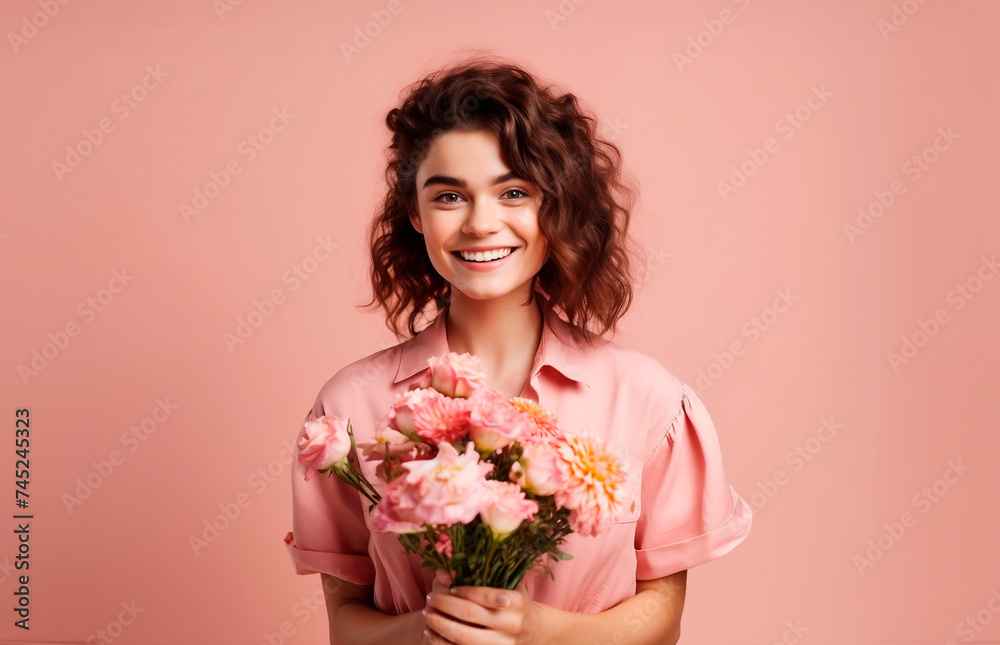 Girl with a bouquet of flowers isolated on pink background. March 8, International Women's Day concept. generative AI