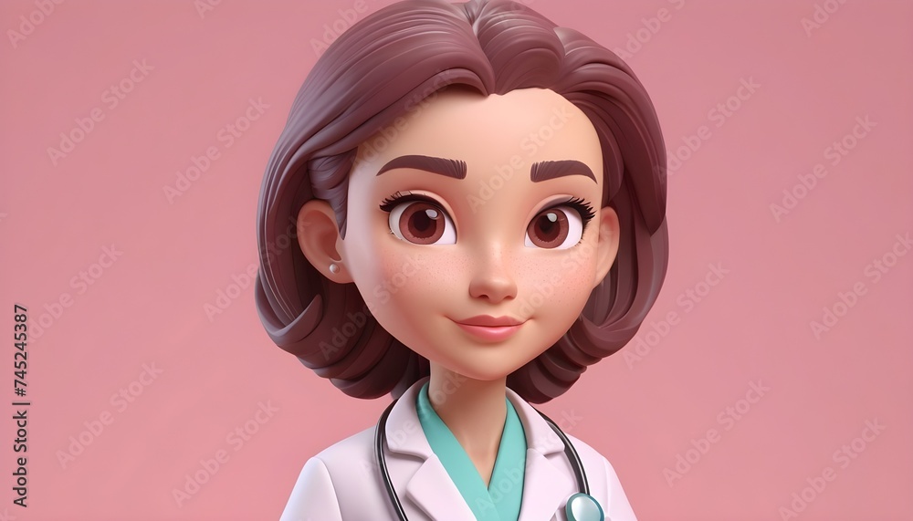 Young female doctor toon character, pastel pink background Young female doctor toon character, pastel pink background