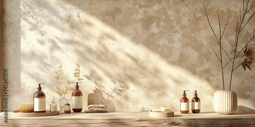 blank brown wooden counter table bathed in soft sunlight, casting a delicate leaf shadow against a beige textured wallpaper wall.