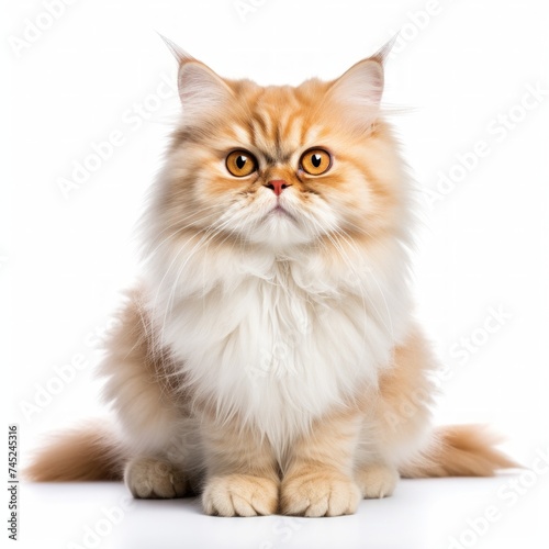 Realistic photo of a Persian cat on a white background, fluffy fur, gentle eyes, calm and regal presence Generative AI