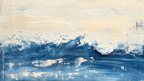 photographic imagery with abstraction, a visual discourse between figuration and dissolution, oil painting mimicking the squeegee technique, neutral blue, light oak, creamy white