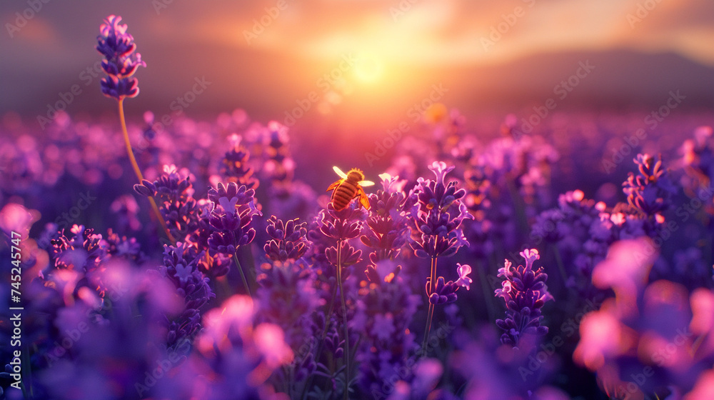 Naklejka premium Calm morning atmosphere and sunrise in a lavender field.