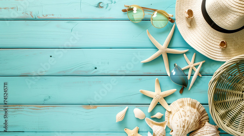 Hat, sunglasses and seashells on blue wooden background, flat lay - top view