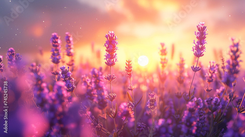 Calm morning atmosphere and sunrise in a lavender field.