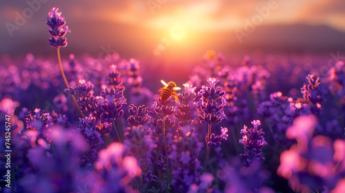 Calm morning atmosphere and sunrise in a lavender field.