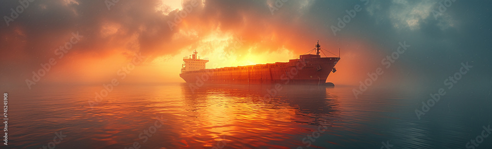 Sunset at sea with silhouette of a large cargo ship on the horizon under a dramatic sky. - obrazy, fototapety, plakaty 
