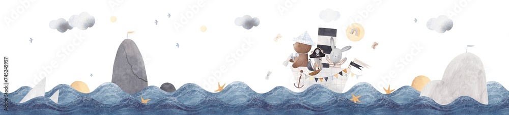 Cute animals travel on a paper boat on the sea. Decor for a children's room. Watercolor illustration. - obrazy, fototapety, plakaty 