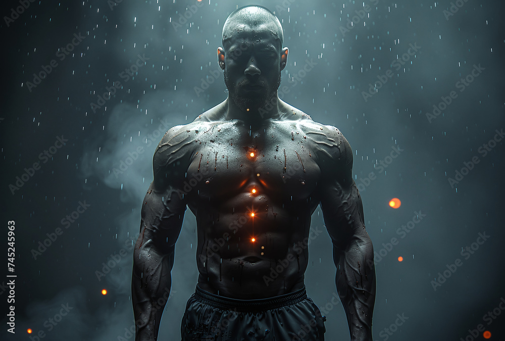Majestic muscular man standing in rain with glowing body art, exuding strength and mystery.