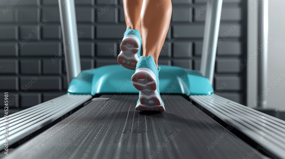 Young woman exercising on treadmill, running. Young woman exercising on treadmill, running.