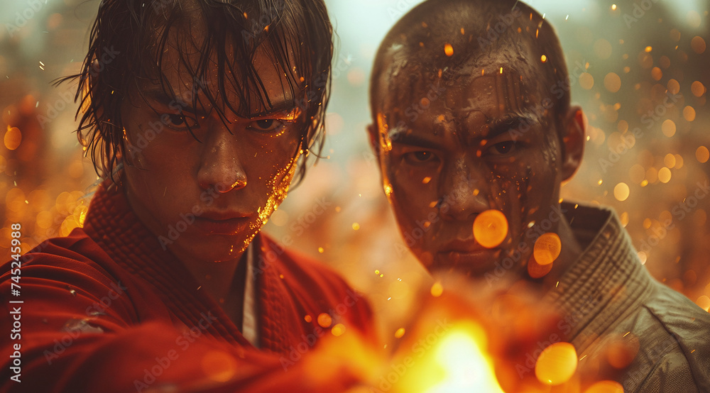 Two intense warriors face off amidst fiery embers, conveying drama and determination. - obrazy, fototapety, plakaty 